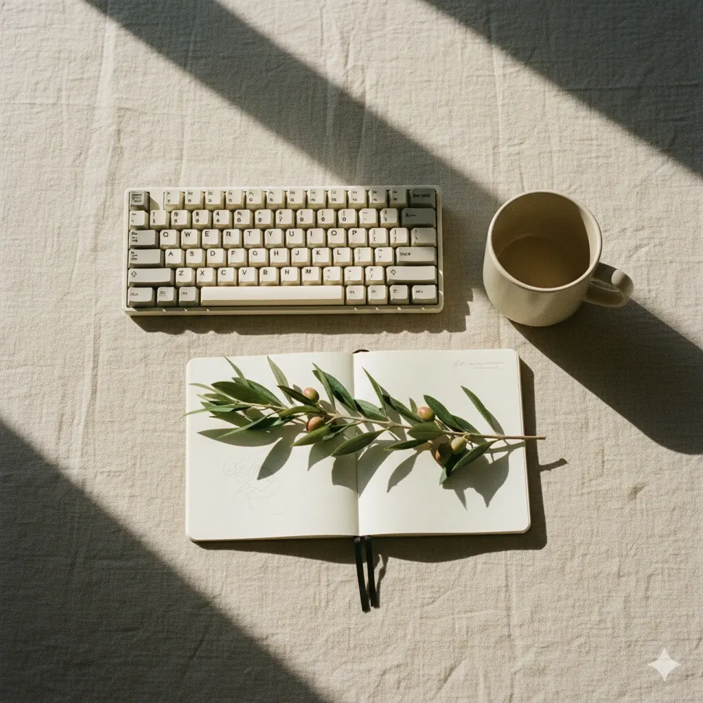 Work desk with a keyboard, a notebook and coffee
